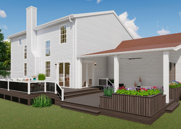 The digital visualization presents a custom deck layout that features white fencing with black posts next to a protected seating space and white decorative bordering. A white house joins this deck which extends over a backyard full of dining areas and lush greenery in Burlington, NJ