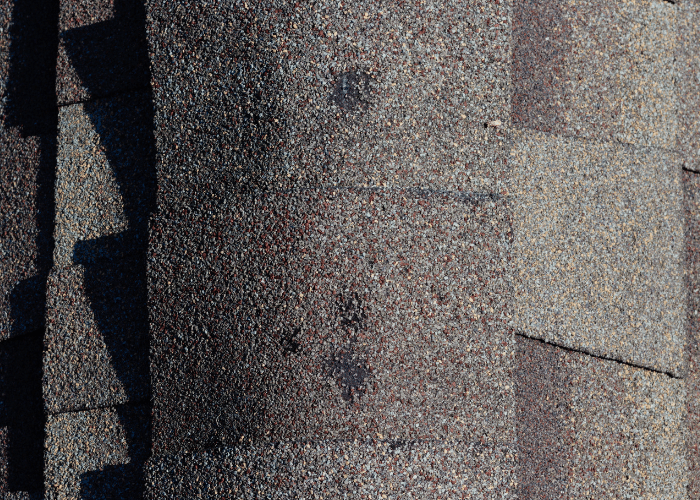 Close-up of asphalt shingles with visible hail damage, showing dark impact marks and granule loss. The roof surface exhibits wear, indicating the need for inspection and potential repairs or replacement.