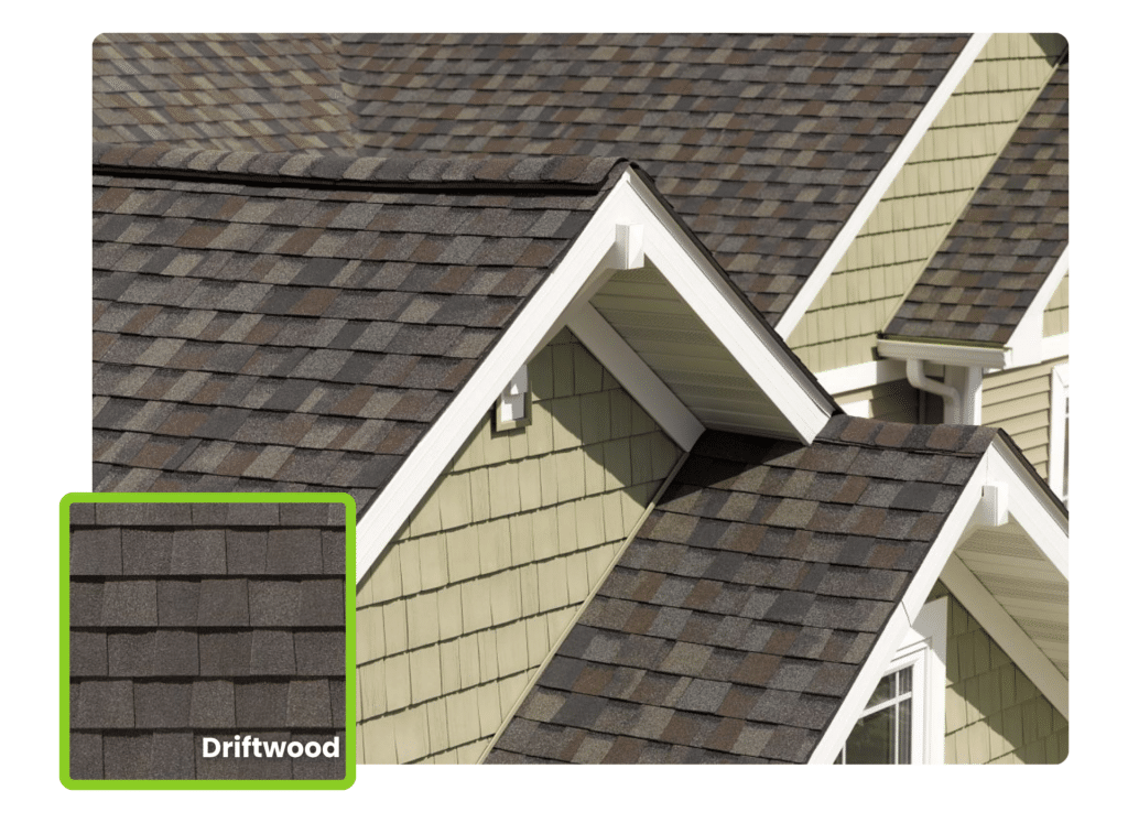 Close-up of a residential roof featuring CertainTeed Driftwood shingles, professionally installed by an expert roofer for durability, weather resistance, and curb appeal.