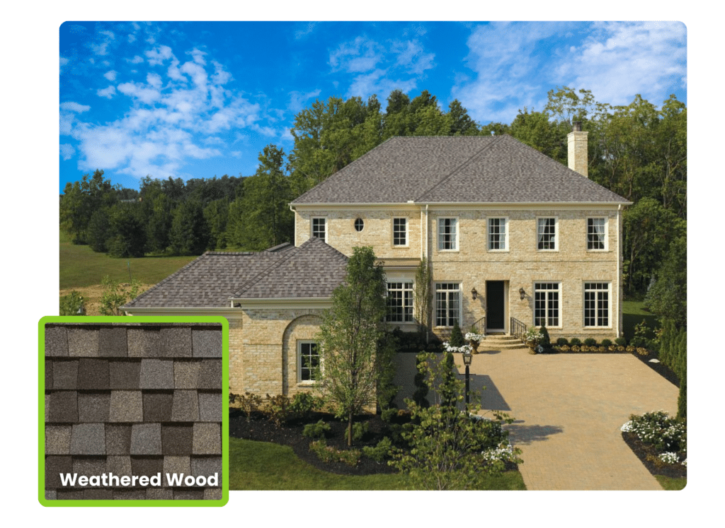 Elegant Colonial home with white brick, black shutters, and a dark gray CertainTeed shingle roof, installed by expert roofers for long-lasting durability.