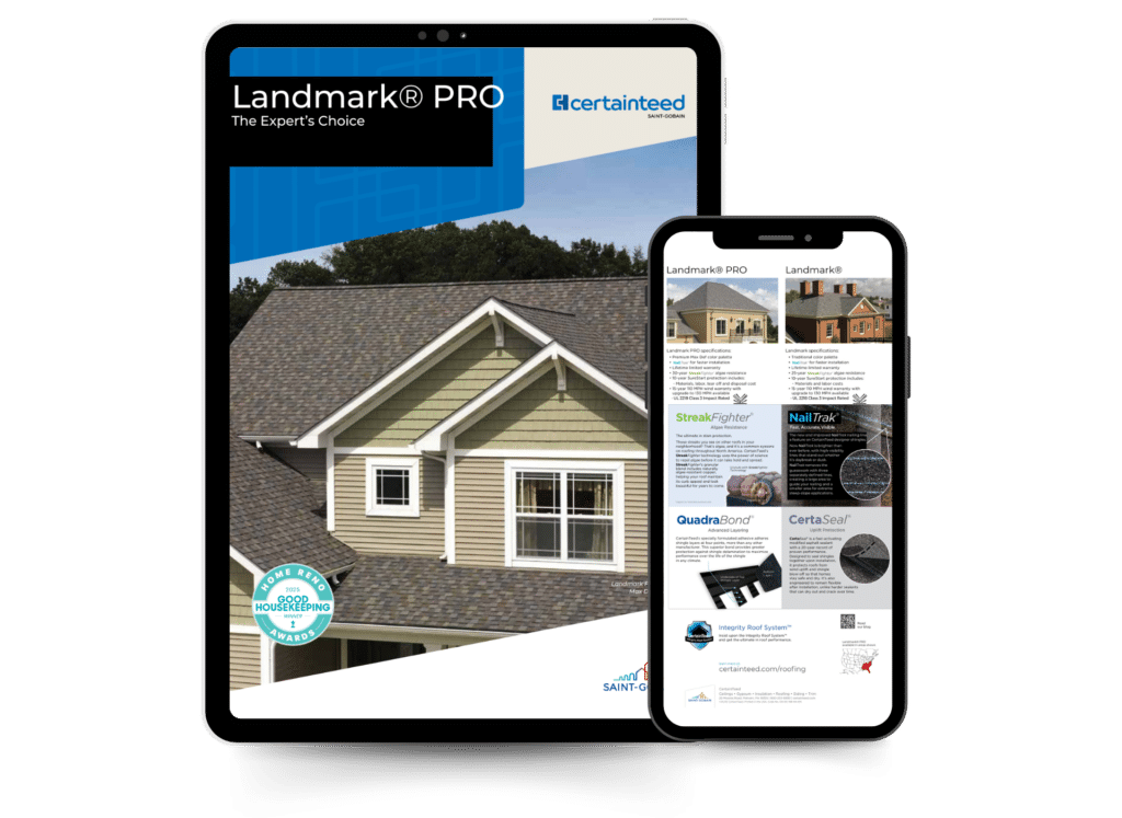 A tablet and smartphone sit on a contractor’s desk, both displaying CertainTeed’s digital roofing brochures. The screens showcase high-quality roofing materials and installation techniques, emphasizing expert craftsmanship and durable roofing solutions. A notepad and measuring tape lie nearby, reinforcing the professional roofer's workspace.